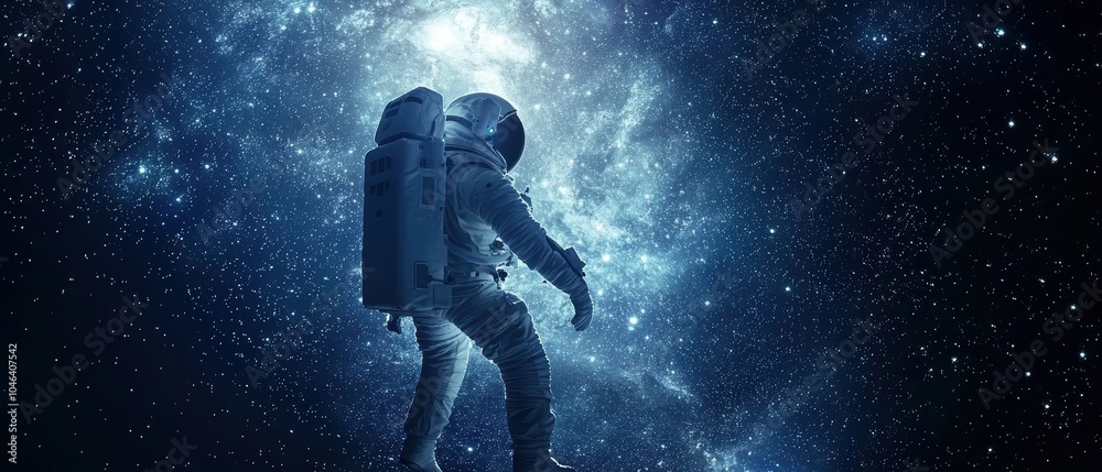 Fototapeta premium Astronaut performing spacewalk against starry backdrop