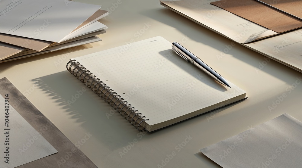 Classic Black Pen Resting on a Spiral Notebook with Handwritten Notes on a Minimalistic White Surface Classic Black Pen Resting on a Spiral Notebook with Handwritten Notes on a Minimalistic White Surface