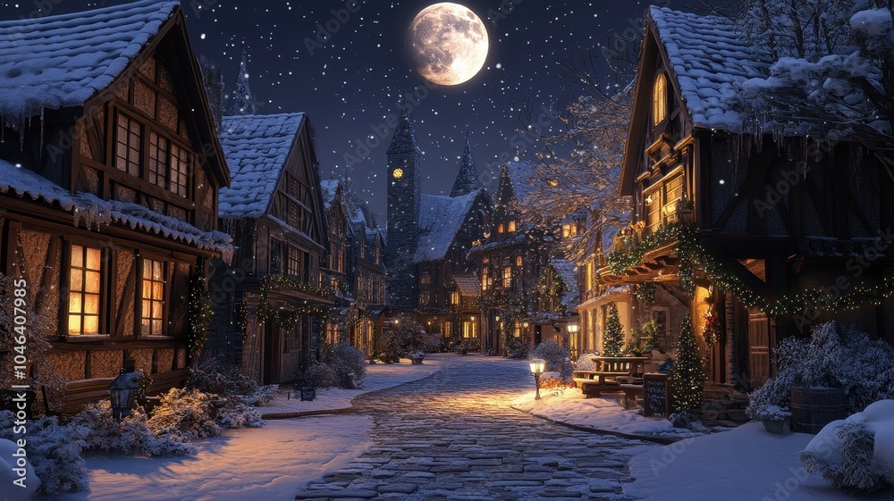 Obraz premium A Serene snowy village at night with warmly lit houses with full moon,charming winter scene with a festive feel,winter,Merry christmas holiday,New year and xmas celebration,Vector illustration.