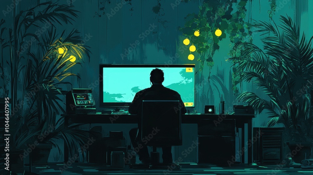 Silhouette of Man Working at Home Office with Computer Plants and Lights Silhouette of Man Working at Home Office with Computer Plants and Lights