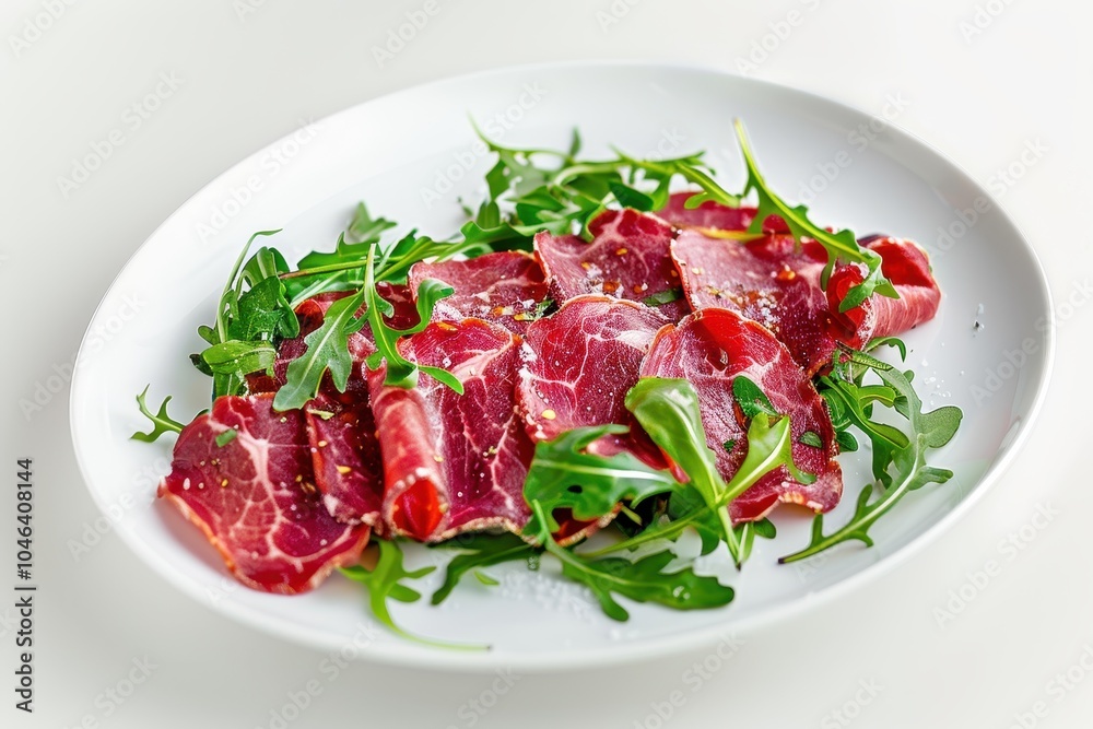 Beef carpaccio on arugula on a white plate Beef carpaccio on arugula on a white plate