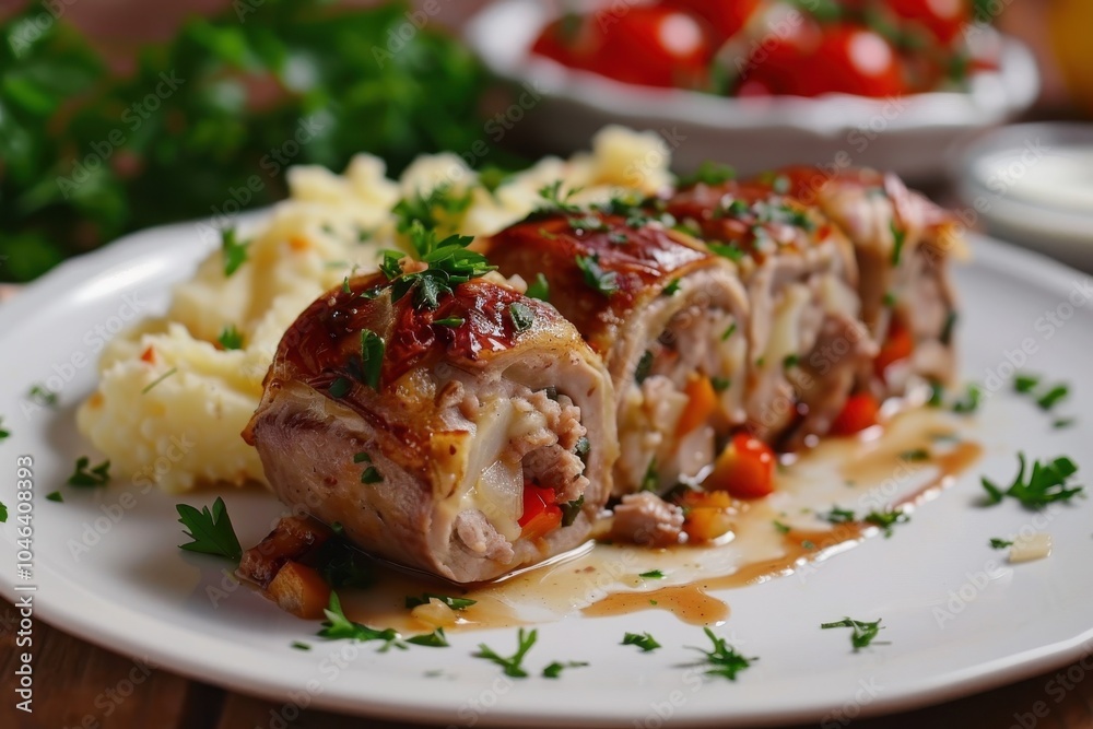 Beef roll stuffed with chicken and pork served with mashed potatoes on table Beef roll stuffed with chicken and pork served with mashed potatoes on table