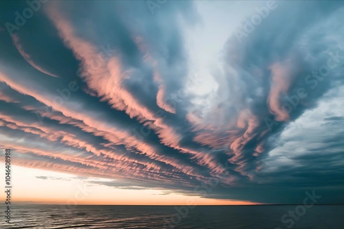 Asperatus clouds typically appear as a series of dark, wave-like crests and troughs. The waves can be irregular or more organized, creating a chaotic or menacing appearance. photo