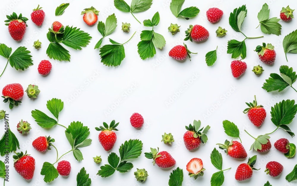 A stunning selection of fresh red strawberries with lush green leaves, showcasing their natural beauty and vitamin C benefits, arranged on a clean white background A stunning selection of fresh red strawberries with lush green leaves, showcasing their natural beauty and vitamin C benefits, arranged on a clean white background