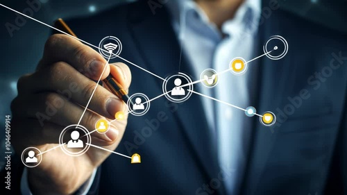 A businessman in a suit is holding a pen and drawing connections between various digital icons representing social media, security, and networking
