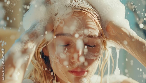 Blonde girl in bathroom foams up hair with solid shampoo creating foamy peek effect photo