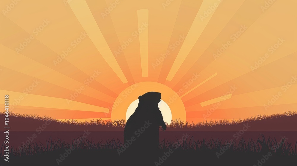 Minimalistic Groundhog Day Card Design with Silhouette Against Sunrise Minimalistic Groundhog Day Card Design with Silhouette Against Sunrise