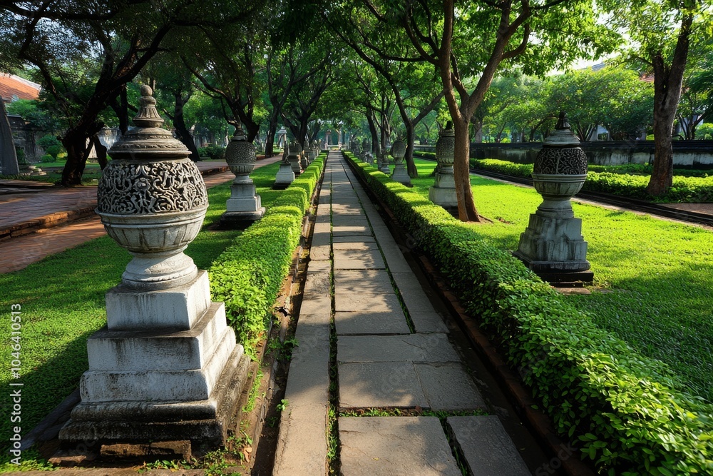 A historic park with old stone statues, manicured gardens, and pathways lined with ancient trees, giving a sense of timeless beauty and history, symbolizing the elegance of heritage parks A historic park with old stone statues, manicured gardens, and pathways lined with ancient trees, giving a sense of timeless beauty and history, symbolizing the elegance of heritage parks