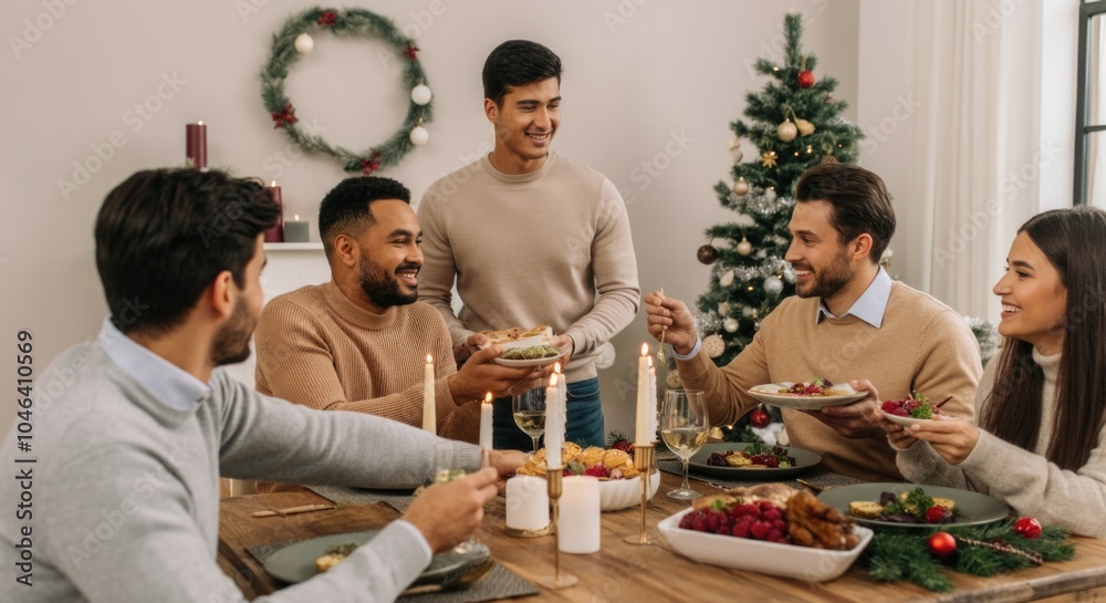 Cheerful Friends Enjoying Festive Dinner at Christmas Party Cheerful Friends Enjoying Festive Dinner at Christmas Party