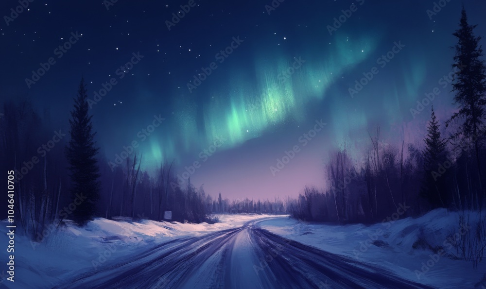 Northern Lights Over Snowy Road Northern Lights Over Snowy Road