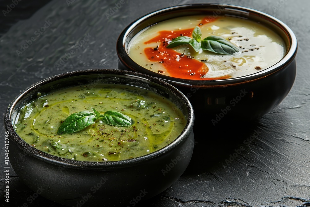 Bowl of spinach and potato soup on black background Bowl of spinach and potato soup on black background