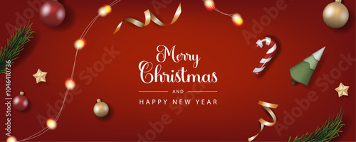 Merry Christmas Top View Banner with Christmas Elements such as Christmas ornaments,, pine leaves, candy cane, ribbons. Vector illustration.