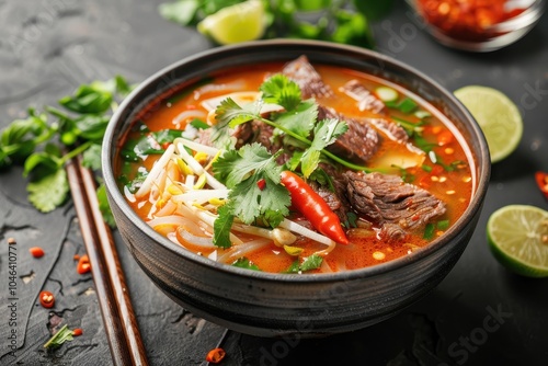 Bowl of spicy red beef noodle soup