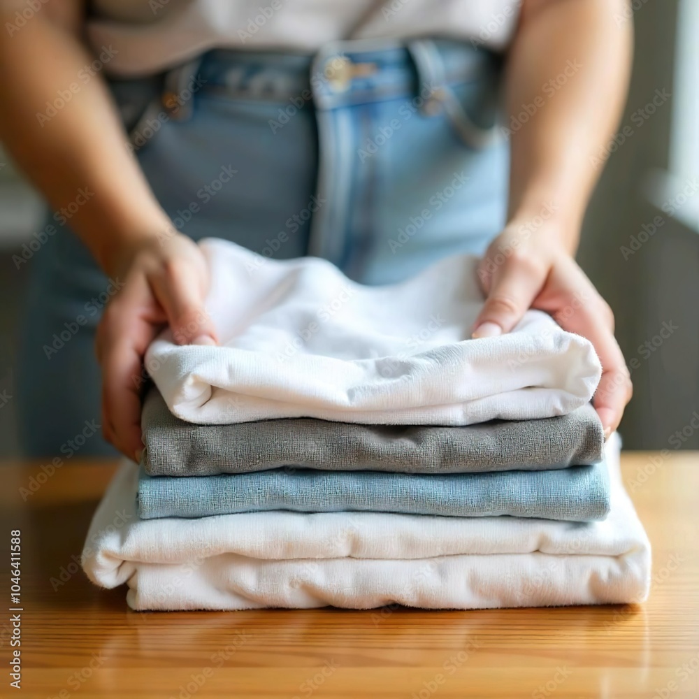 A young woman's hands holding a stack of neatly folded clothing on a wooden surface A young woman's hands holding a stack of neatly folded clothing on a wooden surface