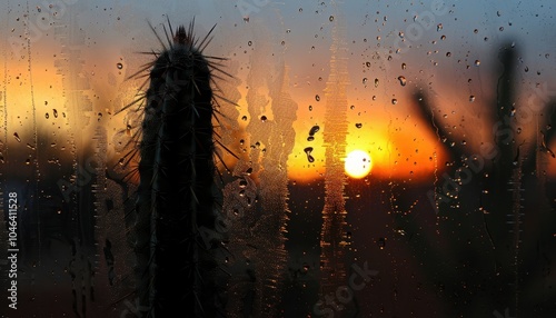 Cactus silhouette at sunrise on frozen window Selective focus photo