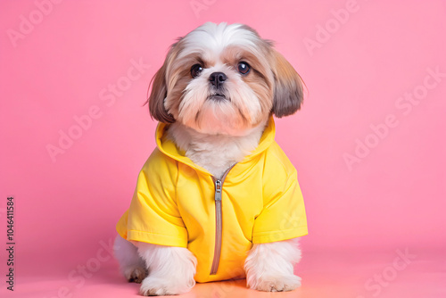 Portrait of a Cute Maltipoo Dog After Grooming with Red Fur and Big Eyes Wearing Stylish Pet Clothes Against Studio Background photo