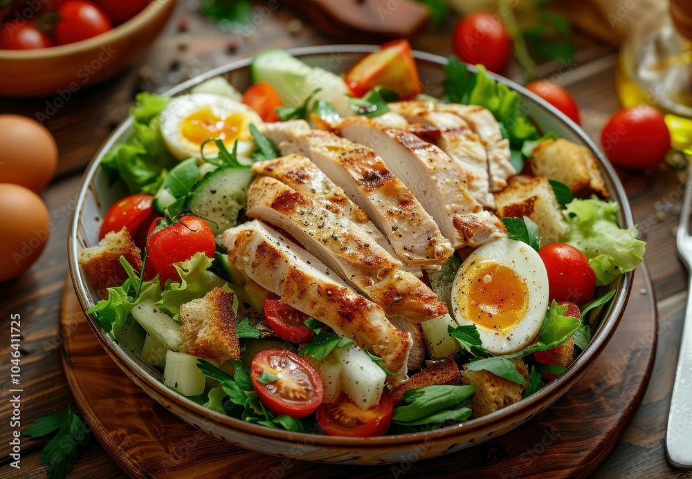 Caesar salad with croutons quail eggs and grilled chicken on wooden table Caesar salad with croutons quail eggs and grilled chicken on wooden table