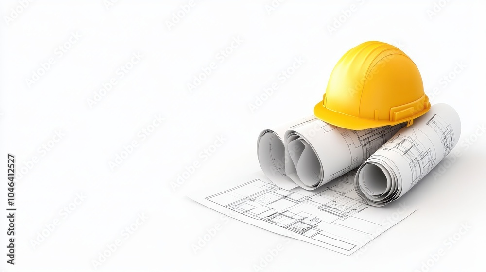 A construction helmet rests on architectural plans, symbolizing safety and planning in building projects. A construction helmet rests on architectural plans, symbolizing safety and planning in building projects.