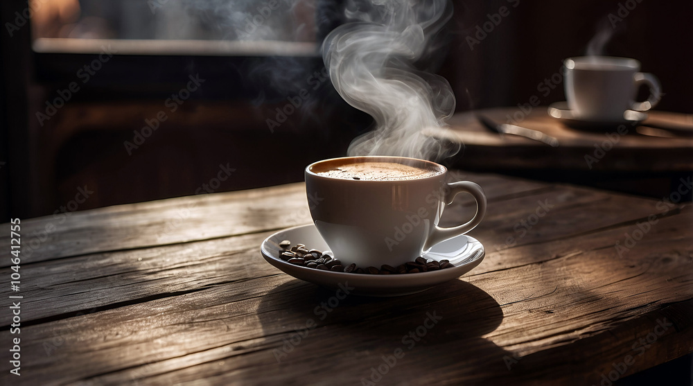 Steaming Cup Of Coffee On A Rustic Wooden Table In Warm Morning Light Creating A Cozy And Inviting Atmosphere Steaming Cup Of Coffee On A Rustic Wooden Table In Warm Morning Light Creating A Cozy And Inviting Atmosphere
