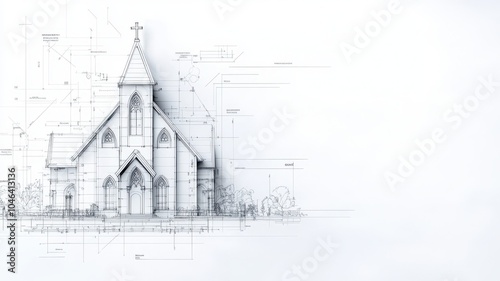 A black and white architectural drawing of a church, showcasing intricate details and structural elements, with a modern, minimalistic background.