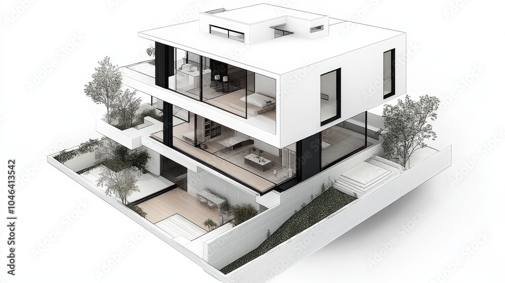 A modern, minimalist house design with multiple levels, featuring large windows, open spaces, and integrated greenery. A modern, minimalist house design with multiple levels, featuring large windows, open spaces, and integrated greenery.