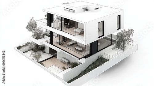 A modern, minimalist house design with multiple levels, featuring large windows, open spaces, and integrated greenery.