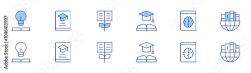 Knowledge icon set in two styles, Duotone and Thin Line style. Editable stroke. book, graduation, growth, global