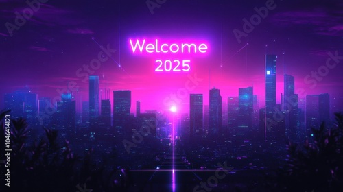 A futuristic city skyline at dawn with  Welcome 2025  written in glowing neon lights above.