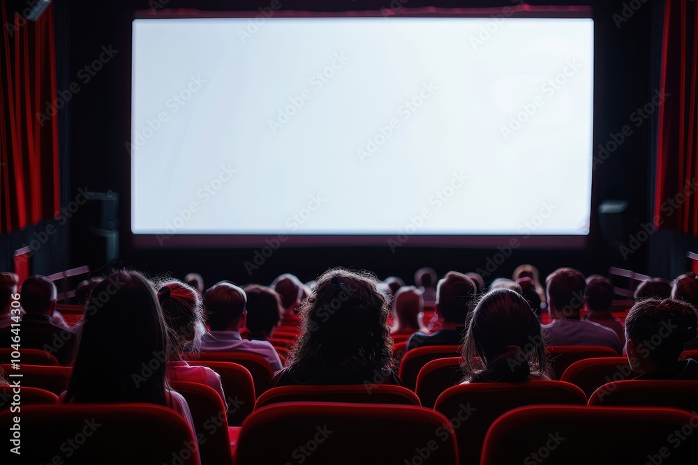 Cinema with wide screen red chairs and blurred silhouettes of people watching a movie Cinema with wide screen red chairs and blurred silhouettes of people watching a movie