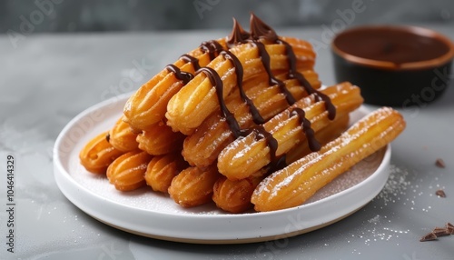 Churros with chocolate sauce on plate close up