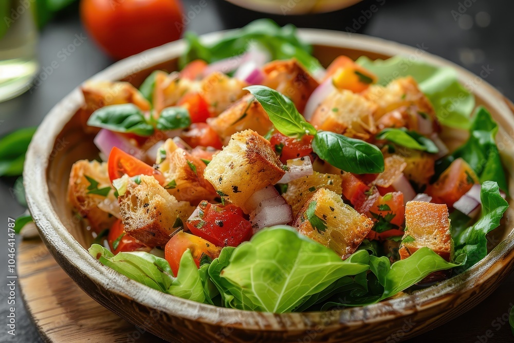 Classic Italian panzanella salad on greens Classic Italian panzanella salad on greens