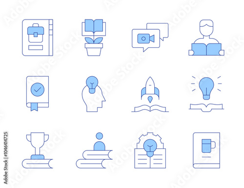 Knowledge icons. Line Duotone style, editable stroke. creative, beers, idea, knowledge, job, learning, webinar, learn, customer, rocket, educative book