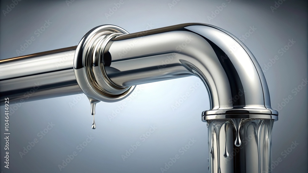 A metallic silver pipe with a slow dripping of slime flowing through it, drips, grime A metallic silver pipe with a slow dripping of slime flowing through it, drips, grime