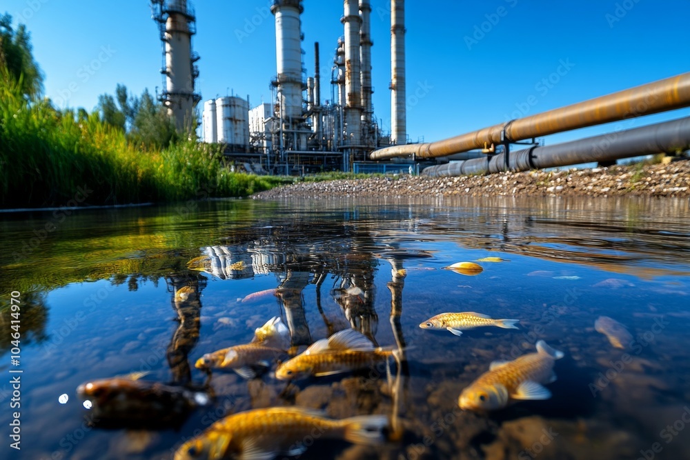 Fototapeta premium A polluted river with trash and plastic bottles floating along the surface, industrial pipes in the background, and dead fish washed up on the shore, showcasing the devastating impact of water