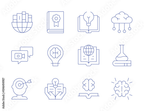 Knowledge icons. Thin Line style, editable stroke. webinar, geography, guide book, innovation, knowledge, learn, machine learning, philosophy, science, global, goal