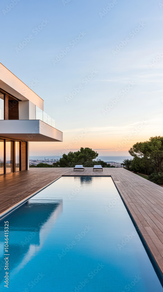 Fototapeta premium Modern villa with swimming pool during sunset overlooking a serene landscape