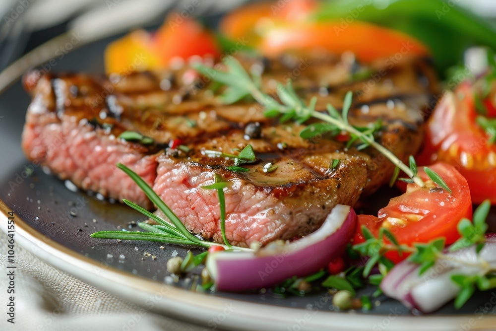 Close up image of a tasty and healthy meal grilled steak with salad and herbs Close up image of a tasty and healthy meal grilled steak with salad and herbs