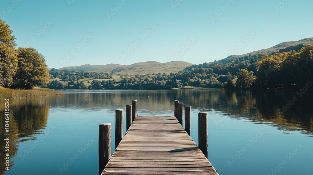 Fototapeta premium Pontoon pier stretching out over a calm lake on a sunny summer day, with hills and trees in the background.