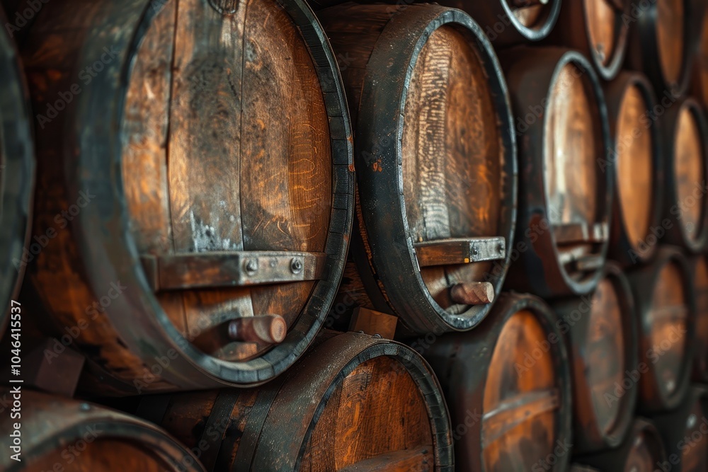 Close up image of stacked old wine barrels at a German winery Close up image of stacked old wine barrels at a German winery