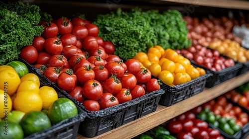 Colorful display of fresh vegetables and fruits at a market.