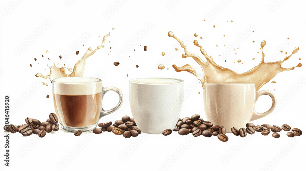 Three coffee cups with splashes sit amidst scattered coffee beans, showcasing the vibrant essence of coffee culture. Three coffee cups with splashes sit amidst scattered coffee beans, showcasing the vibrant essence of coffee culture.