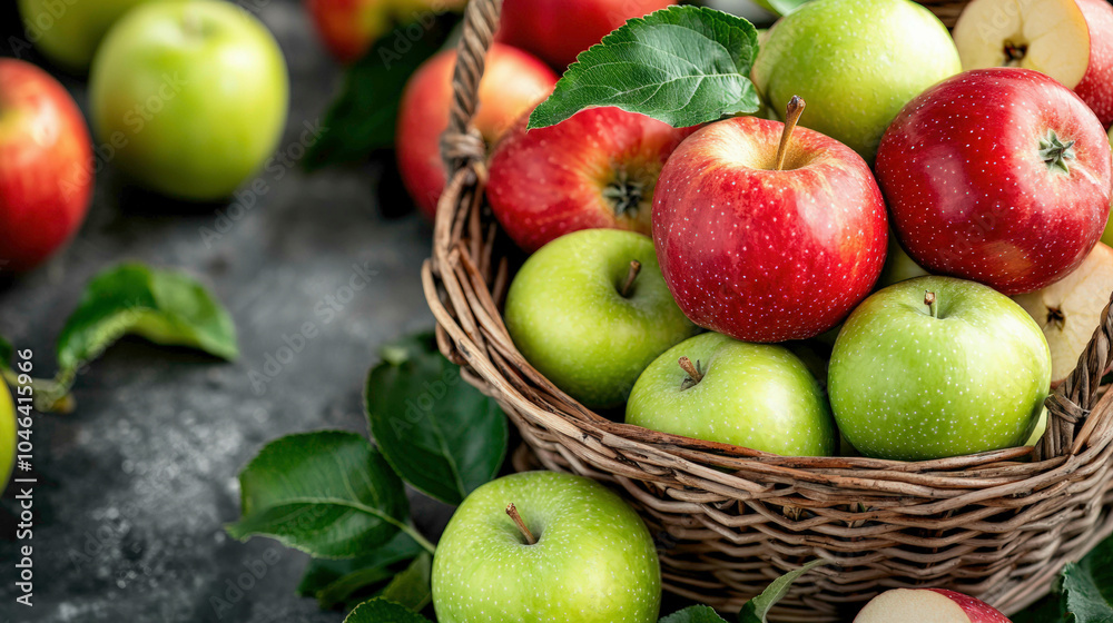 A vibrant assortment of red and green apples in a woven basket, showcasing fresh produce on a textured surface. A vibrant assortment of red and green apples in a woven basket, showcasing fresh produce on a textured surface.