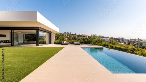 Modern villa with infinity pool overlooking a hillside landscape on a clear sunny day