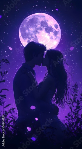 Romantic Couple Kissing Under Starry Moonlight