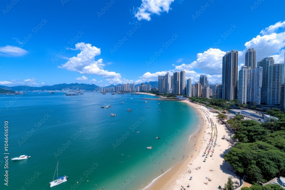 A row of skyscrapers along a coastal city with the ocean in the background, boats sailing by, and people relaxing on the beach below, showcasing the blend of urban and natural landscapes, symbolizing A row of skyscrapers along a coastal city with the ocean in the background, boats sailing by, and people relaxing on the beach below, showcasing the blend of urban and natural landscapes, symbolizing