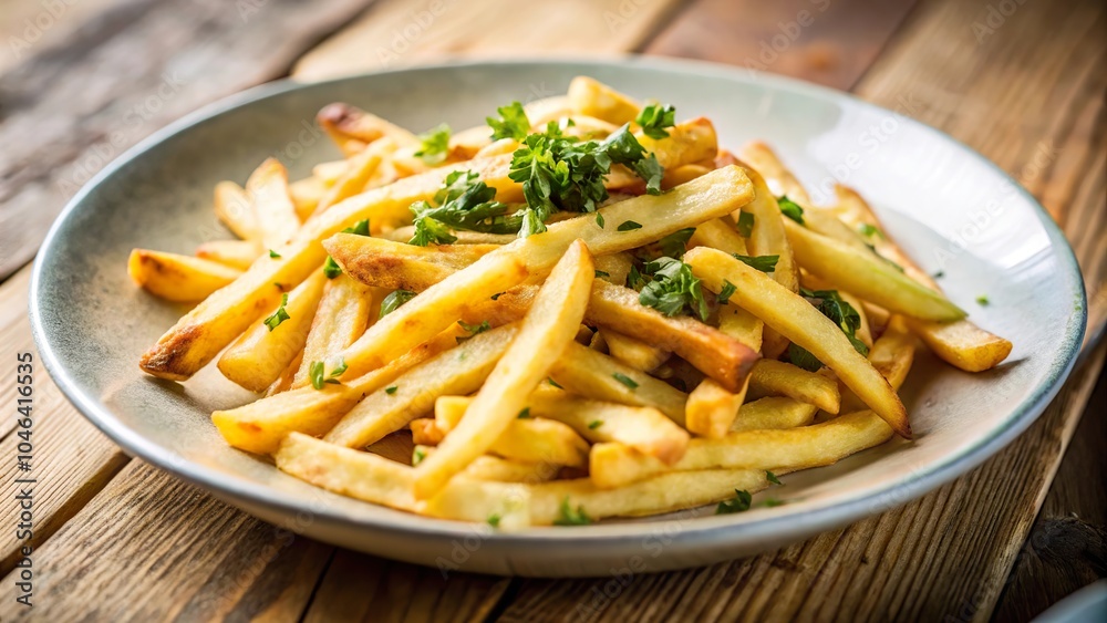 Delicious golden french fries topped with fresh herbs served on a rustic wooden table Delicious golden french fries topped with fresh herbs served on a rustic wooden table