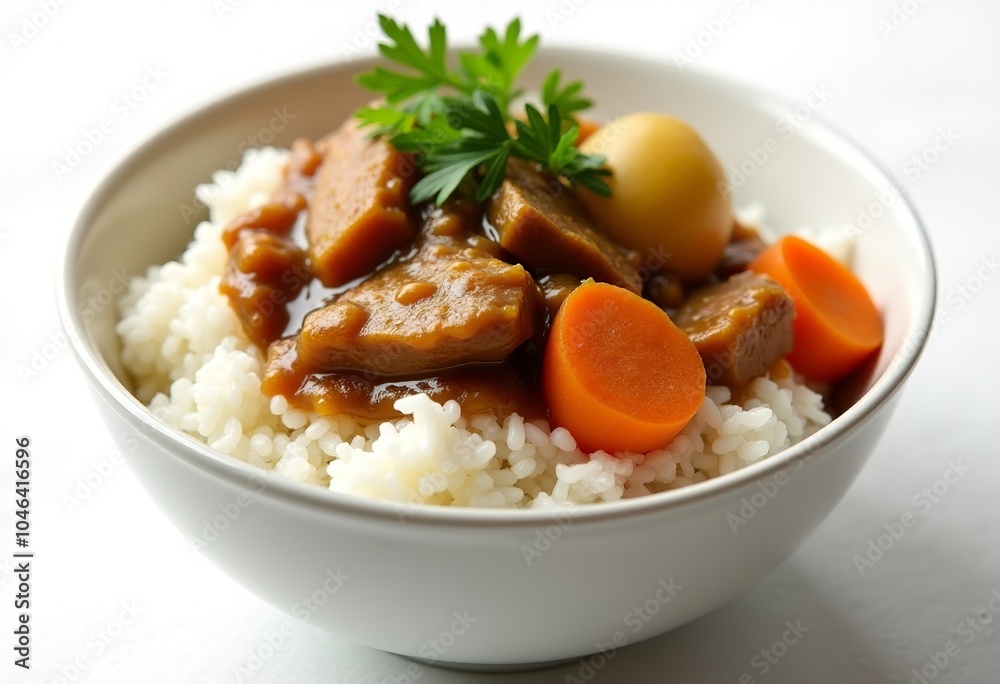 Indulge in Authentic Japanese Curry Rice: A Comforting Bowl of Steamed Rice Topped with Rich Brown Curry Sauce, Tender Meat, Potatoes, and Carrots, Perfect for Home-Cooked Meals Indulge in Authentic Japanese Curry Rice: A Comforting Bowl of Steamed Rice Topped with Rich Brown Curry Sauce, Tender Meat, Potatoes, and Carrots, Perfect for Home-Cooked Meals