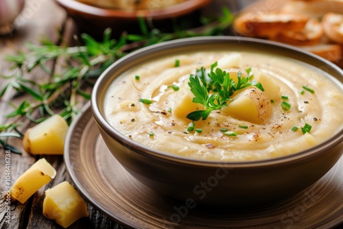 Close up of Porrusalda soup on table