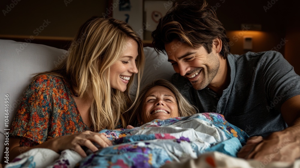 Happy Family Visiting Patient in Hospital Room Joyful Laughter and Care Happy Family Visiting Patient in Hospital Room Joyful Laughter and Care