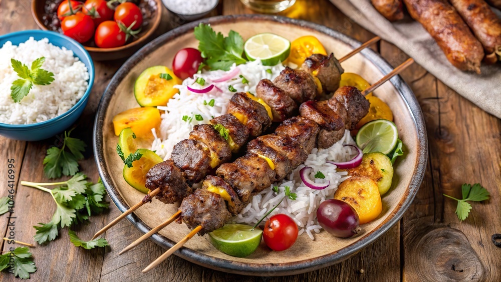Savoring tender lamb boti kebabs served with fragrant rice and fresh vegetables on a wooden table Savoring tender lamb boti kebabs served with fragrant rice and fresh vegetables on a wooden table